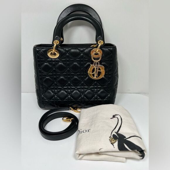 CHRISTIAN DIOR Lady Cannage Hand Tote Bag Leather Black Gold - Picture 1 of 13